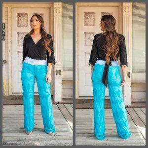 New Women's L & B Blue Boho Lined Gaucho pants with silver sequin waist line